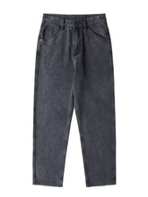 Dark gray washed denim men’s relaxed fit wide leg jeans with classic five-pocket design and relaxed fit wide style