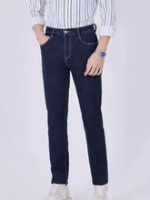 Dark blue denim men’s wash straight-leg jeans with white stitching and classic five-pocket design