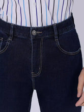 Dark blue denim men’s wash straight-leg jeans with light stitching and classic button closure