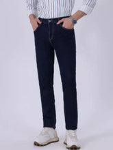 Men’s wash straight-leg dark blue denim jeans with white stitching and classic five-pocket design