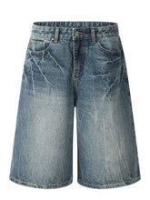 Mens wash wide-leg denim shorts in faded blue