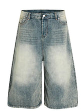 Mens wash wide-leg denim shorts in blue with button closure and pockets