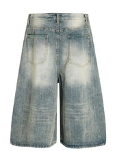 Mens wash wide-leg light blue denim shorts with back pockets