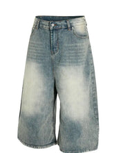 Mens wash wide-leg denim shorts in light wash culottes style