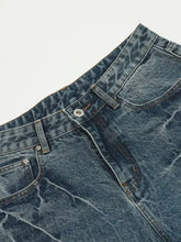 Mens wash wide-leg denim shorts in dark distressed style
