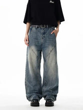 Men’s wash wide leg jeans in faded blue denim with visible stitching details and a relaxed fit wide leg design