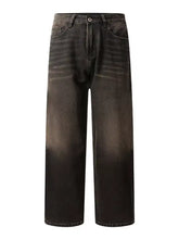 Dark wash denim men’s wide leg jeans with subtle fading and a wide leg cut for a relaxed fit