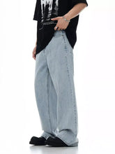 Men’s light-wash denim wide leg jeans with visible stitching and a relaxed wash wide leg cut for casual wear