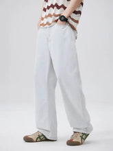 Men’s light gray wash wide leg jeans in denim with relaxed fit and visible stitching along the seams