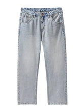 Men’s wash wide leg jeans in light-wash denim with a straight-leg cut and classic five-pocket design