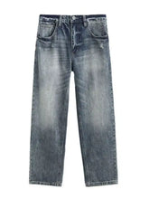 Men’s wash wide leg relaxed fit jeans in distressed dark wash denim with a straight-leg cut and faded appearance
