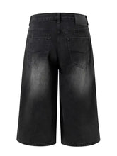 Mens washed denim Bermuda shorts with wide-leg culotte fit