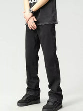 Black straight-leg denim men’s washed loose fit jeans with faded wash and frayed cuffs
