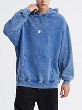 Mens washed oversized long sleeve hoodie in blue acid wash with kangaroo pocket