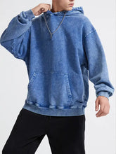 Mens washed oversized long sleeve hoodie in blue acid wash with kangaroo pocket