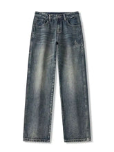 Men’s dark-wash denim relaxed fit jeans with faded distressed look and straight-leg cut fit jeans