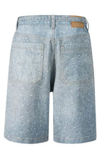 Mens washed rhinestone denim Bermuda shorts in light blue with white embellishments
