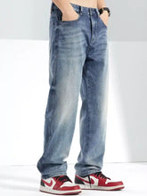 Men’s blue denim washed straight jeans with faded wash and straight-leg cut for casual wear