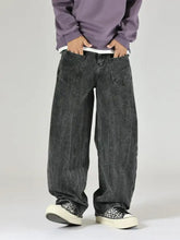 Men’s washed wide leg baggy jeans in dark gray denim with a faded and distressed texture