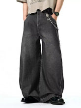 Men’s dark gray washed wide leg denim pants with a chain accessory attached to the belt loop