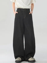 Men’s washed wide leg jeans in black denim with a relaxed fit and contrasting stitching detail