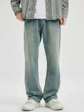 Men’s light-wash denim wide leg jeans with a relaxed straight-leg cut for comfortable casual wear