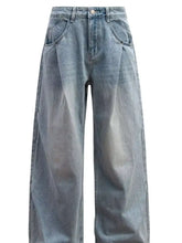 Men’s washed wide leg jeans in light-wash denim with a high-rise and subtle fading on a wide-leg cut