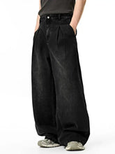 Men’s washed wide leg black denim jeans with high waist and pleated front in a casual style