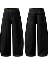 Men’s washed wide leg jeans in black denim with contrasting stitching and a relaxed straight-cut silhouette