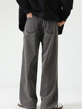 Men’s washed wide leg jeans in dark gray denim with a relaxed fit and classic back pockets shown from the back side