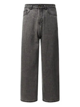 Men’s washed wide leg jeans in dark gray denim with a faded distressed finish and classic five-pocket design