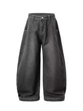 Men’s washed wide leg jeans in dark gray denim with a relaxed tapered fit and visible stitching details
