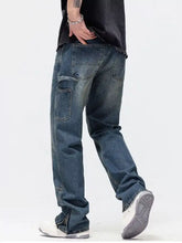 Mens washed wide leg jeans in dark-wash denim with cargo pockets and a straight-leg cut