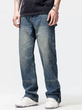 Men’s washed denim wide leg jeans in dark wash with relaxed straight-leg cut and subtle fading for a worn-in look