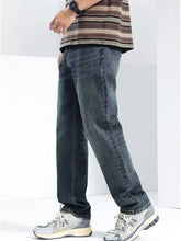 Men’s washed wide leg jeans in dark-wash denim with straight-leg cut and classic stitching for casual wear