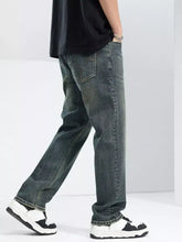 Men’s dark-wash denim washed wide leg jeans featuring straight-leg cut and classic stitching details