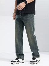 Men’s dark-wash denim washed wide leg jeans with a straight-leg cut and subtle fading for casual wear