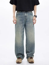 Men’s washed wide leg jeans in faded blue denim with subtle distressing and a relaxed straight-cut silhouette
