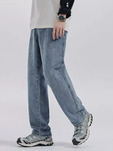 Men’s washed wide leg jeans in light-wash denim with a relaxed straight-leg cut and classic stitching details