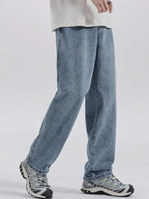 Men’s washed wide leg jeans in light-wash denim with a relaxed straight-leg cut and visible stitching details