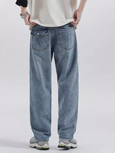 Men’s washed wide leg jeans in light-wash denim with a relaxed straight-leg cut and classic back pockets shown from the back