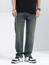 Men’s dark-wash denim washed wide leg jeans with a relaxed straight-leg cut and subtle fading on the thighs