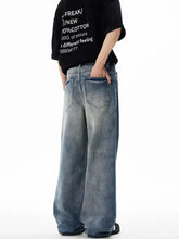 Mens washed wide leg relaxed fit jeans showing back side with faded blue denim and classic pockets