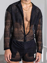 Mens White Lace Romper Set with Open Shirt Black