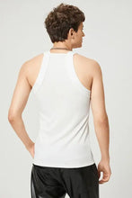 Mens white ribbed wide strap tank with square neckline