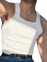 Mens white ribbed wide strap tank with square neckline