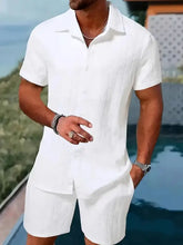 Mens White Textured Linen Shirt and Shorts Set White Mens Sets
