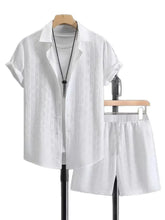 Mens White Textured Linen Shirt and Shorts Set Mens Sets
