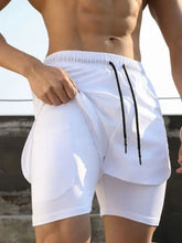 Mens white two-layer drawstring active shorts with black drawstrings