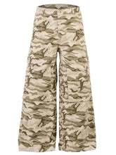 Mens wide leg camo print cargo pants in beige and olive green